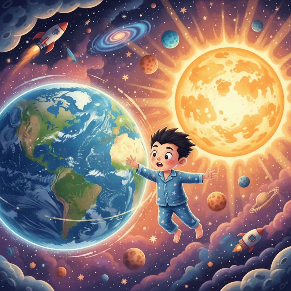宇宙模型裡，地球像一個巨大的藍色彈珠，緩慢地旋轉著。小宇看著地球不停地轉動，彷彿自己也跟著一起旋轉。模型中還有一顆巨大的太陽，發出耀眼的光芒。