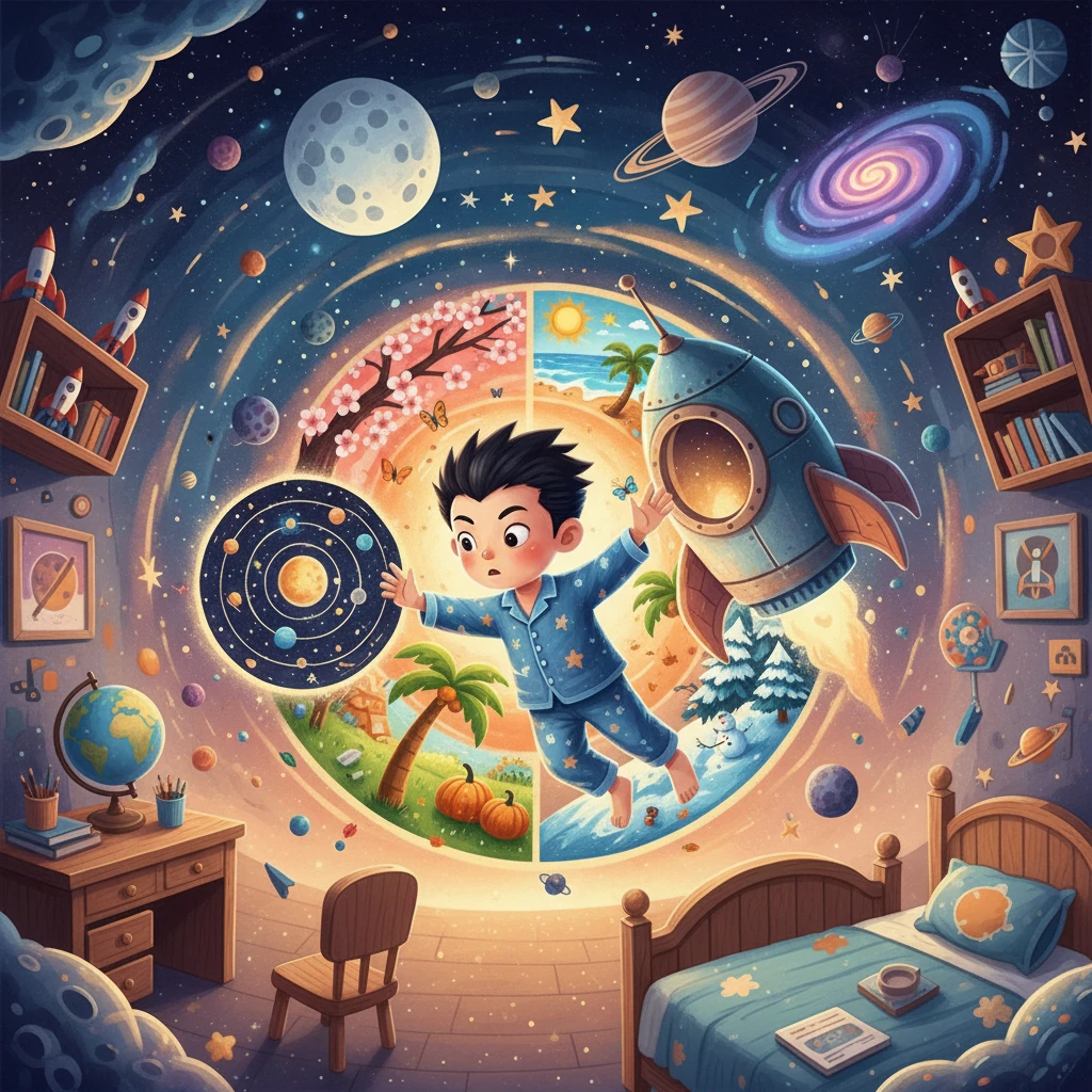 接著，小宇的宇宙模型開始移動，帶著地球繞著太陽公轉。他看著地球一年繞著太陽轉一圈，明白了這就是公轉，它帶來了四季的變化。春夏秋冬，各有不同的景色。