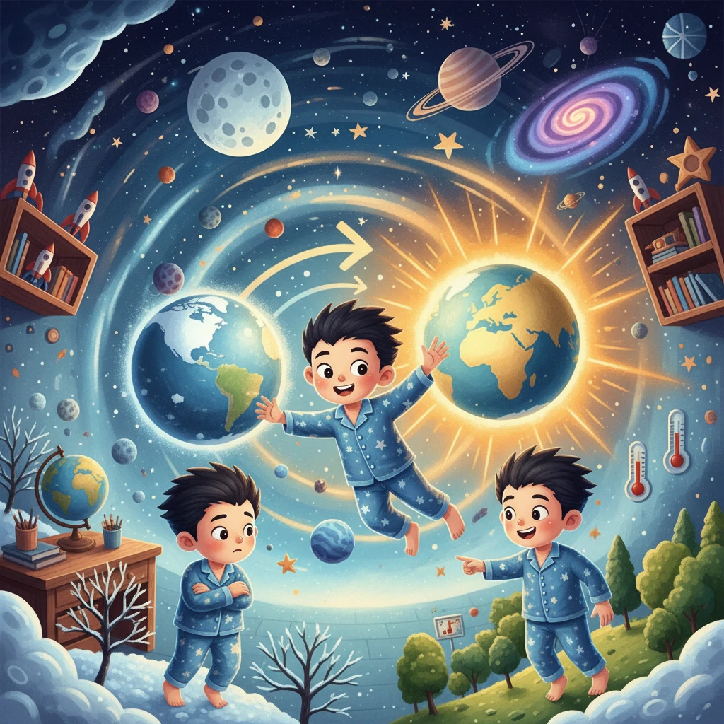 小宇發現，當地球傾斜著繞太陽公轉時，不同地方接收到的陽光也會不同，這就造成了季節的更替。夏天陽光直射，天氣炎熱；冬天陽光斜射，天氣寒冷。