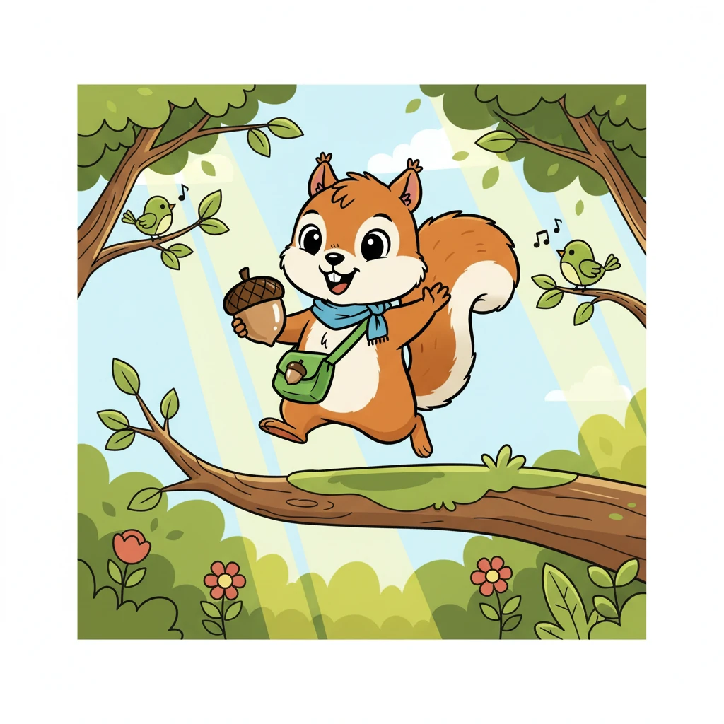 Eikeltje, een kleine eekhoorn met een pluizige staart, sprong vrolijk van een tak in het groene bos. De zon scheen door de bladeren, en de vogels floten een vrolijk lied. Eikeltje was klaar voor een nieuwe dag vol avontuur.