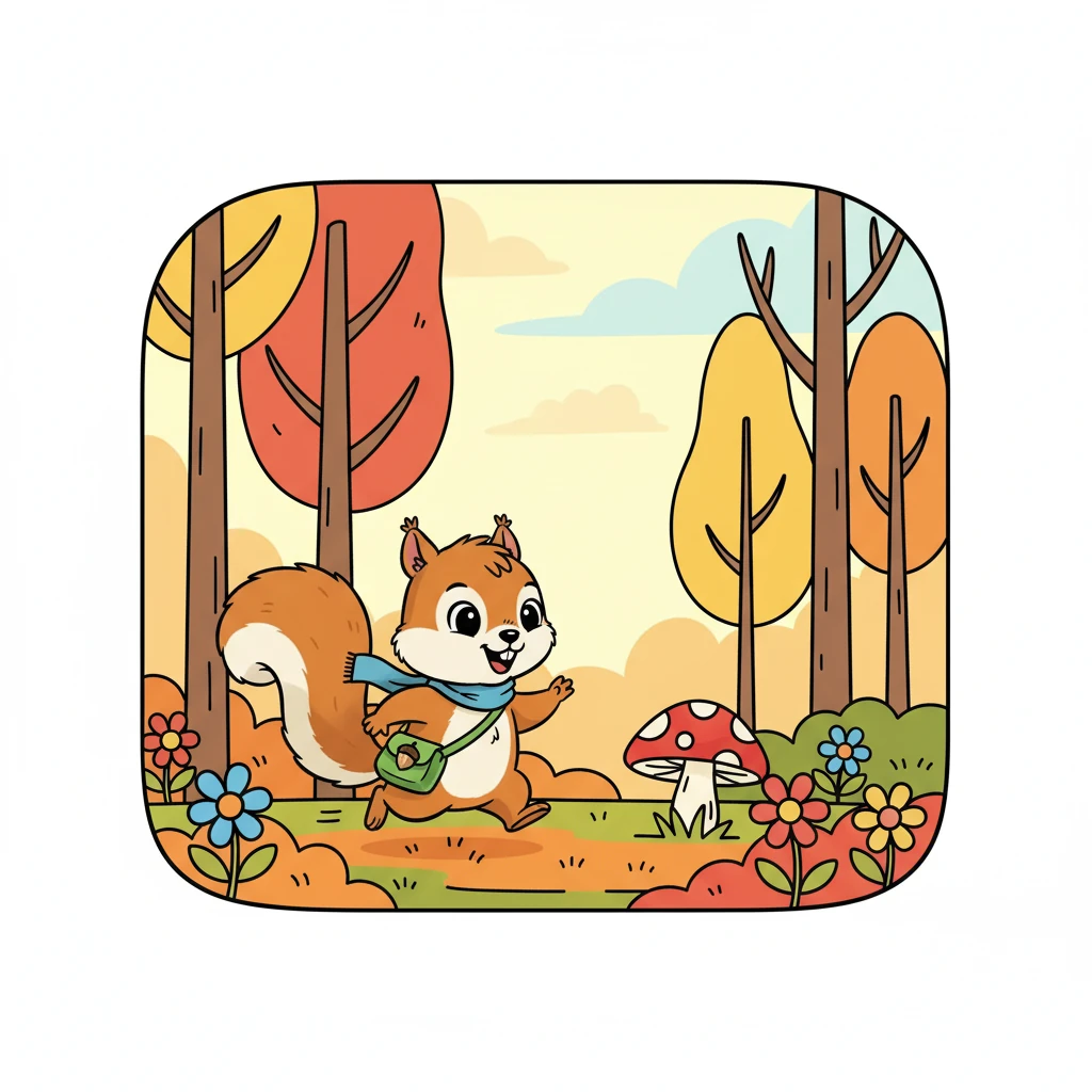 Eikeltje rende door het bos, langs hoge bomen en kleurrijke bloemen. Hij zag een kleine, rode paddenstoel en besloot er even bij te gaan zitten. De geur van de herfst was in de lucht.