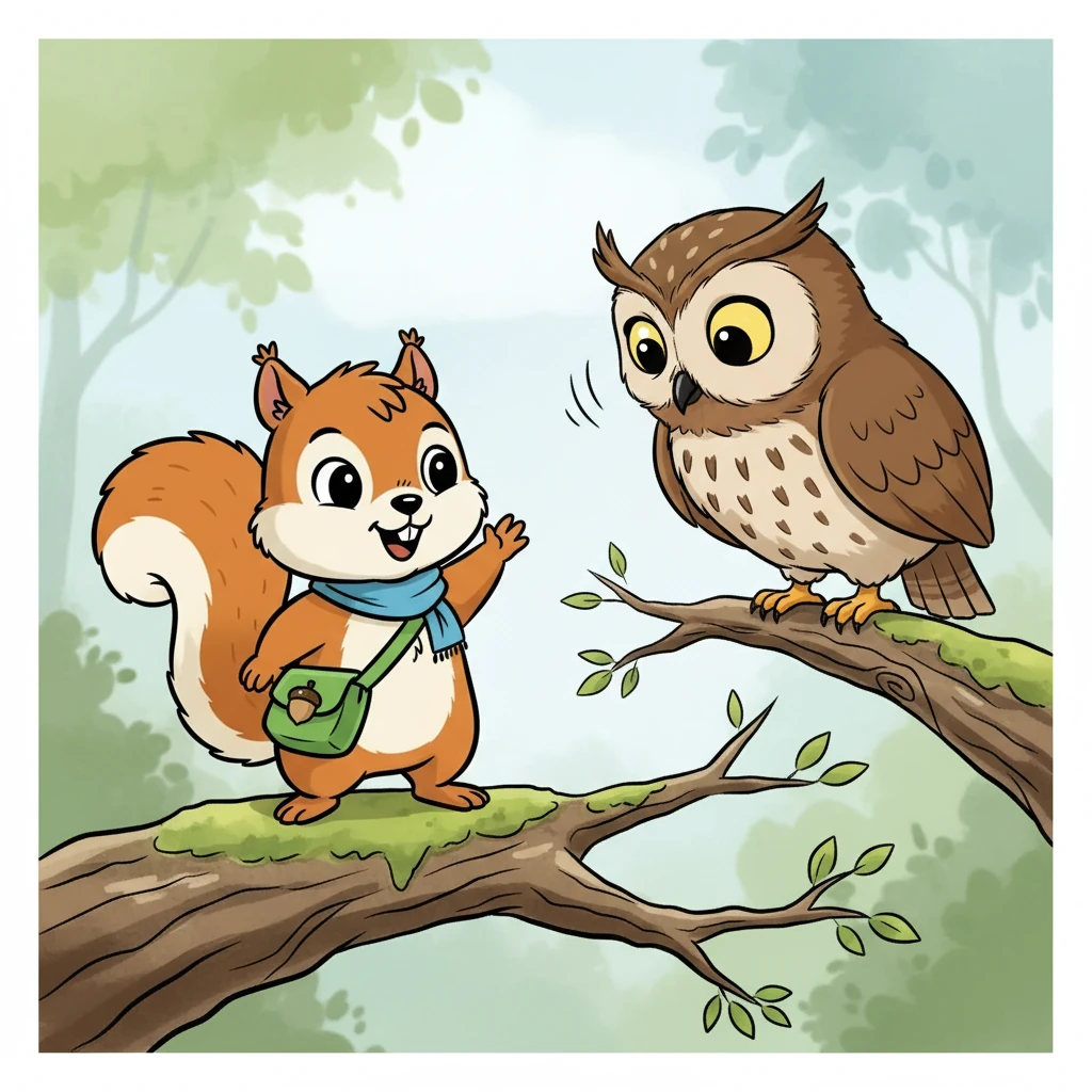 Plotseling hoorde Eikeltje een zacht geknars. Hij keek om zich heen en zag een oude, wijze uil op een tak zitten. De uil knikte naar Eikeltje.