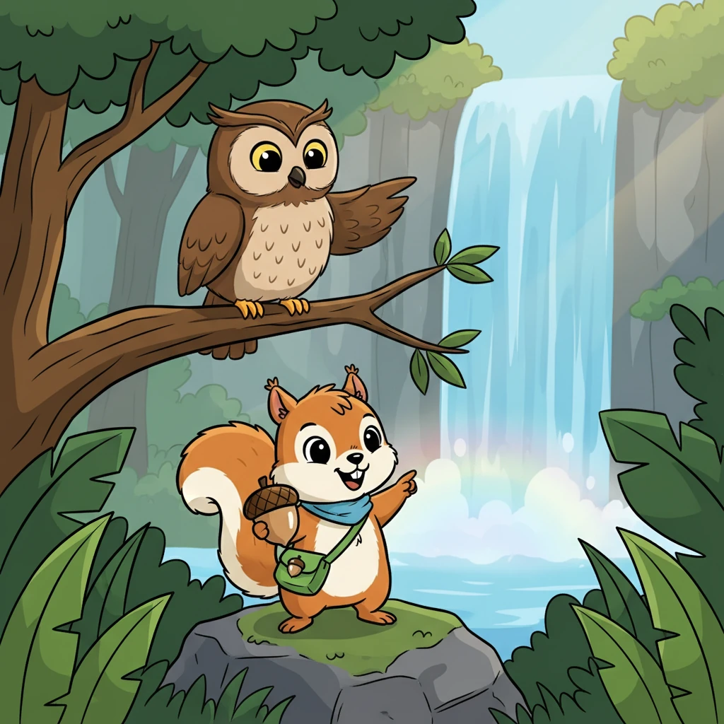 De uil vertelde Eikeltje over een verborgen schat in het bos, verstopt achter een grote waterval. Eikeltje's ogen glinsterden van opwinding. Hij besloot op zoek te gaan.