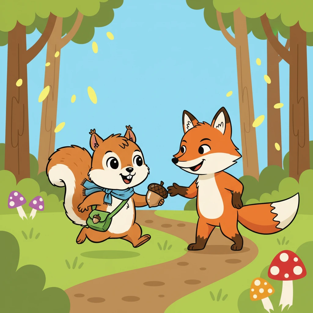 Eikeltje rende door het bos, en kwam een nieuw vriend tegen, een slimme vos genaamd Rikki. Rikki besloot Eikeltje te helpen met zijn zoektocht.