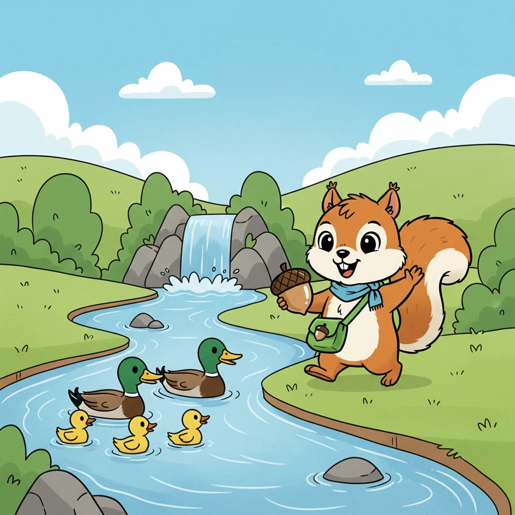 Samen liepen Eikeltje en Rikki langs een kabbelend beekje. Ze zagen een familie van eenden zwemmen. De eenden gaven hen een tip over de route naar de waterval.