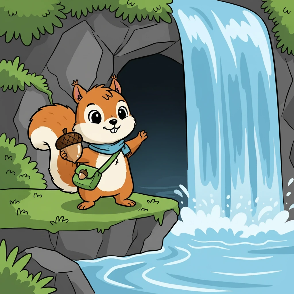 Na een lange tocht bereikten Eikeltje en Rikki de waterval. Het water stortte met veel lawaai naar beneden. Achter de waterval zagen ze een donkere grot.