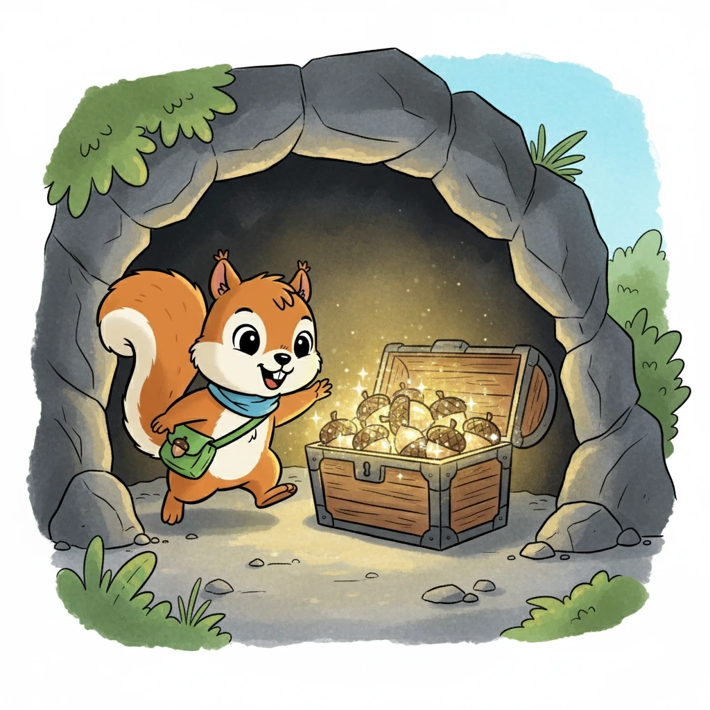 Voorzichtig gingen ze de grot binnen. Binnen vonden ze een kist vol met glinsterende eikels. Het was de schat waar de uil over had verteld!