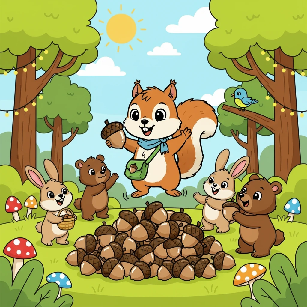 Eikeltje en Rikki deelden de eikels met alle dieren in het bos. Iedereen was blij en vierde de ontdekking met een groot feest.