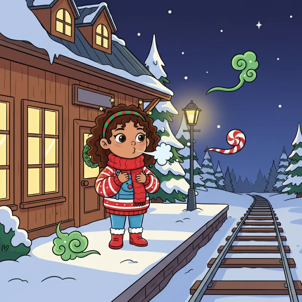On a snowy December night, Lily waited at the quiet town station. It was just past midnight, and the cold air smelled like pine and peppermint. Lily clutched her red scarf tightly, her breath puffing out in soft clouds. She was waiting for a special train—a midnight train that, according to local legend, only appeared on Christmas Eve.