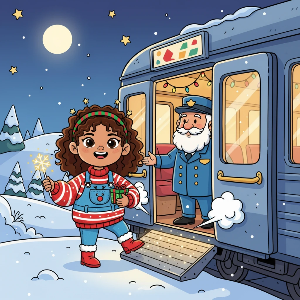 The train doors opened with a whoosh, revealing a warmly lit interior. A friendly conductor with a snowy white beard greeted Lily with a smile. 'Welcome aboard the Christmas Eve Express!' he announced. Lily eagerly stepped inside, her eyes wide with wonder.