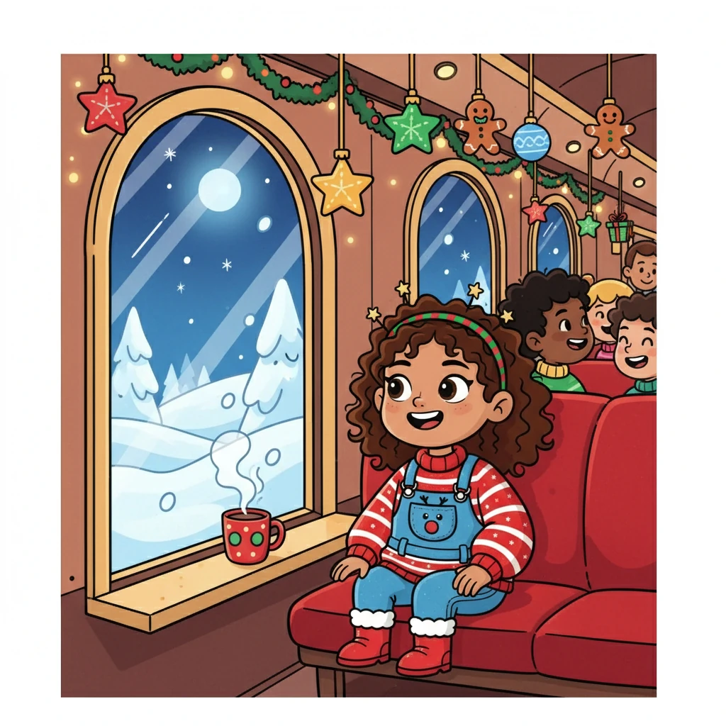 Inside, the train was filled with happy children, all buzzing with anticipation. Ornaments shimmered from the ceiling, and the scent of gingerbread filled the air. Lily found a cozy seat by the window and watched as the train began its journey through a winter wonderland.