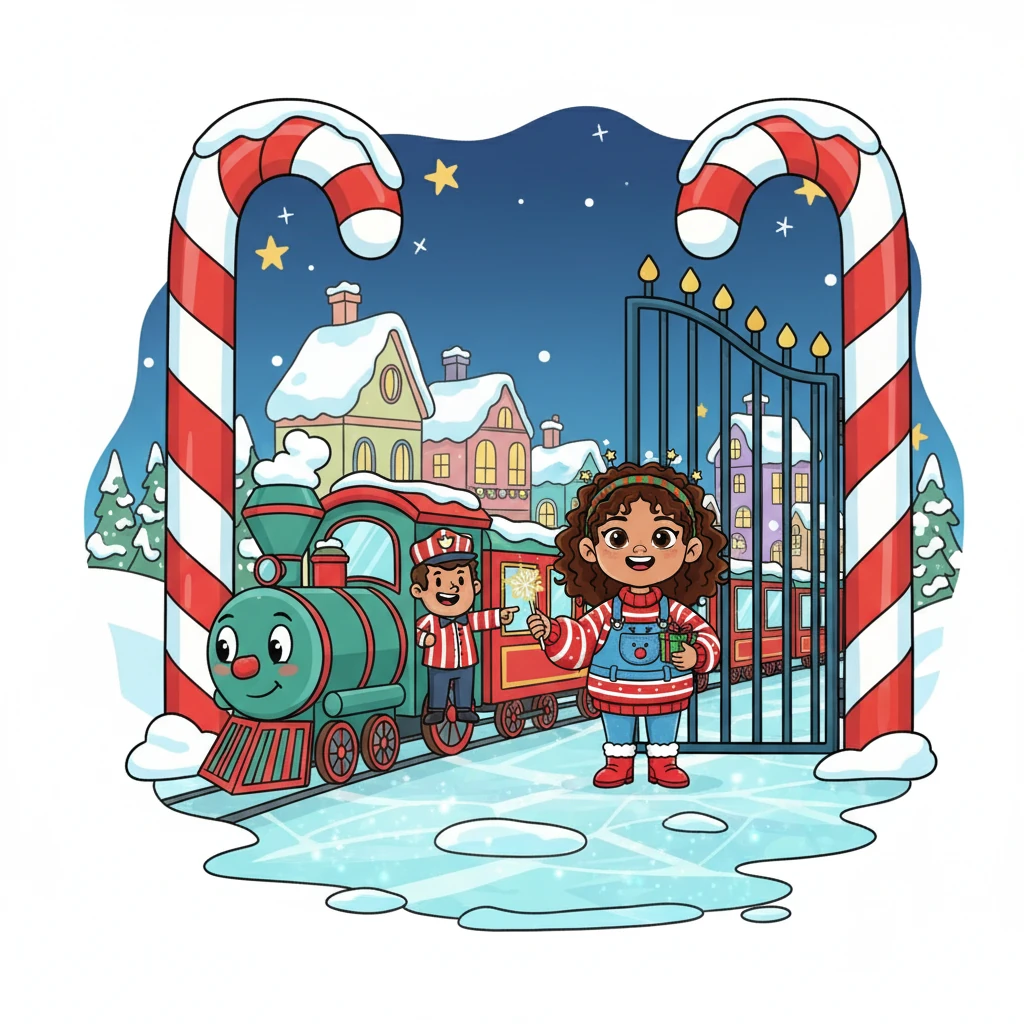 Suddenly, the train stopped in front of a giant, candy-cane gate. The conductor announced, 'Welcome to Christmas Town!' Lily gasped as she stepped onto a street paved with shimmering ice.