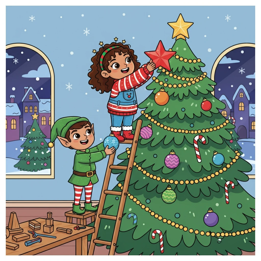 Lily met a friendly elf named Jingle, who showed her around the town. They visited Santa's workshop, where toys were being crafted with care. They even helped decorate a giant Christmas tree.