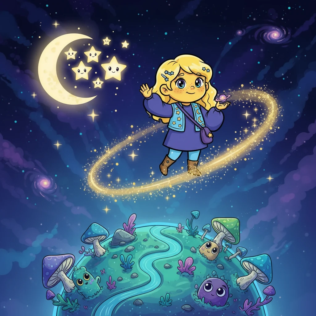 Звездочка решила отправиться в путешествие, чтобы найти свой потерянный свет. Она попрощалась со своими звездными друзьями и полетела вниз, на загадочную планету, где обитали удивительные создания.