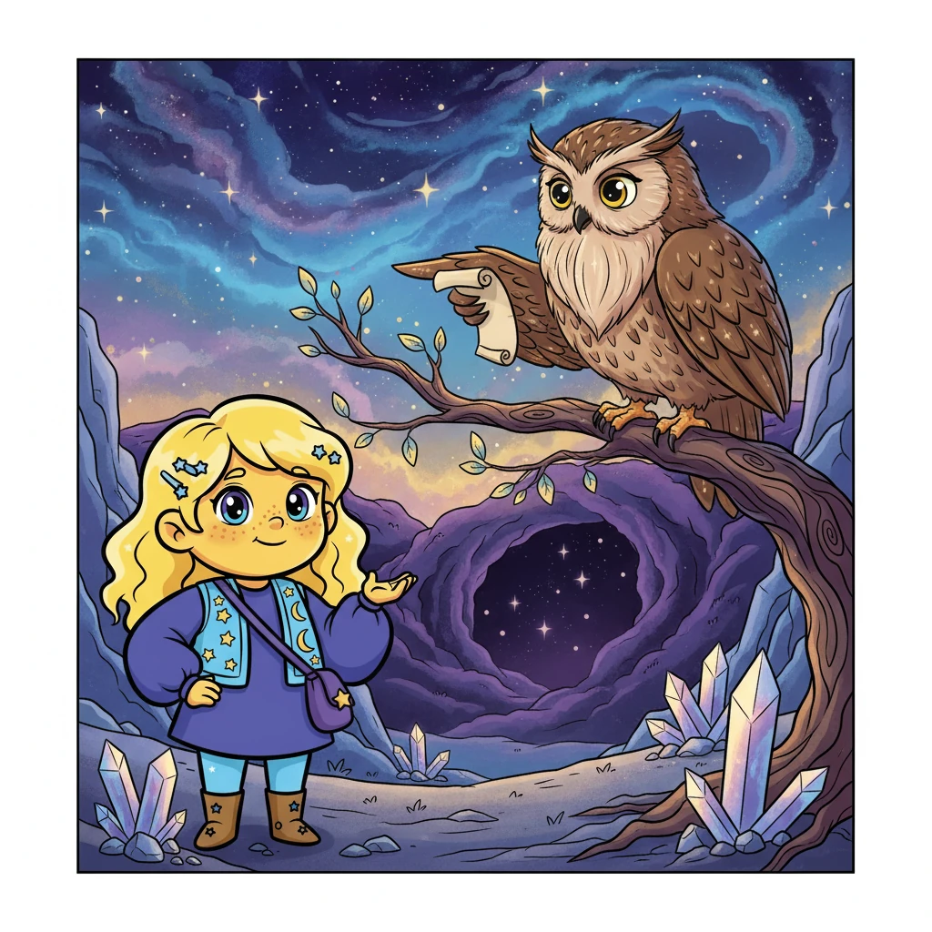 На планете Звездочка встретила мудрого Старого Филина, который посоветовал ей искать свет в самых темных уголках. Филин рассказал ей о долине теней, где, по слухам, хранится потерянный свет многих звезд.