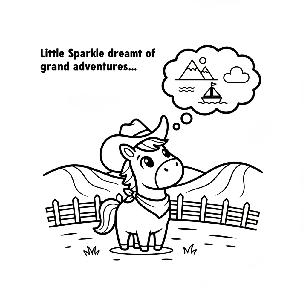 Little Sparkle, a curious horse, stood in her green pasture. She gazed at the distant hills, dreaming of all the exciting places beyond her fence. Her