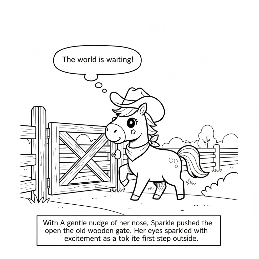 With a gentle nudge of her nose, Sparkle pushed open the old wooden gate. Her eyes sparkled with excitement as she took her first step outside her fam