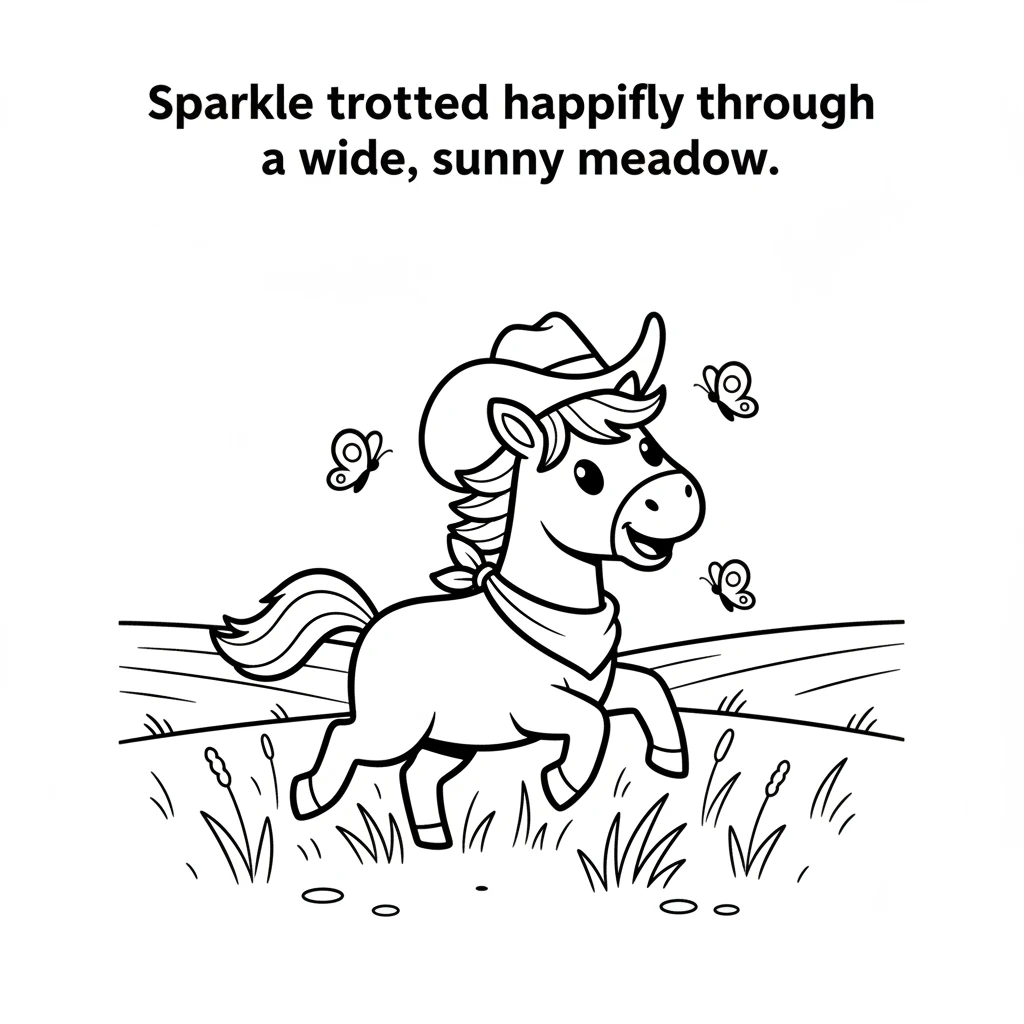 Sparkle trotted happily through a wide, sunny meadow. Butterflies with simple wing shapes fluttered past her ears. The tall grass tickled her legs as