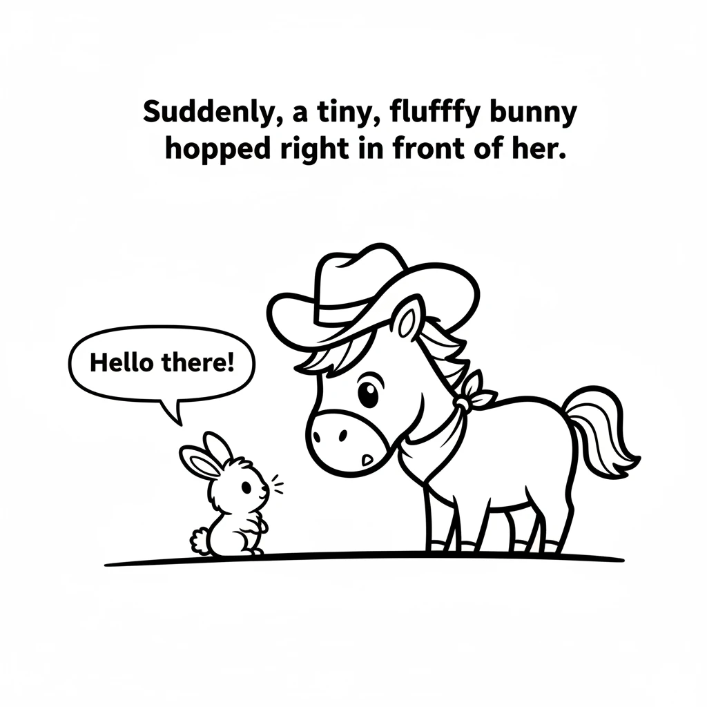 Suddenly, a tiny, fluffy bunny hopped right in front of her. Sparkle stopped, surprised, and lowered her head gently to say hello. The bunny twitched