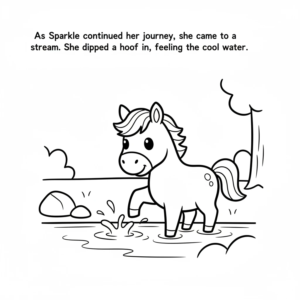 As Sparkle continued her journey, she came to a sparkling blue stream. It looked a little wide, but she knew she could cross it. She dipped a hoof in,