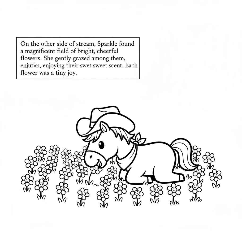On the other side of the stream, Sparkle found a magnificent field of bright, cheerful flowers. She gently grazed among them, enjoying their sweet sce
