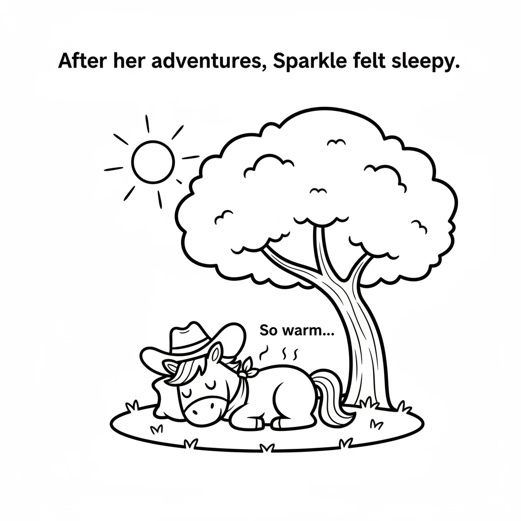After all her adventures, Sparkle felt a little sleepy. She lay down under a big, round tree, closing her eyes for a peaceful nap. The sun was warm on