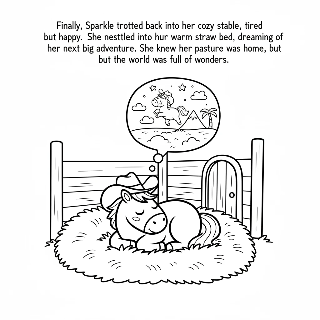 Finally, Sparkle trotted back into her cozy stable, tired but happy. She nestled into her warm straw bed, dreaming of her next big adventure. She knew