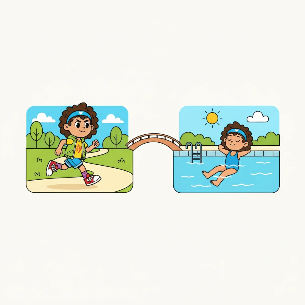 A próxima lição falava sobre a importância de treinar com moderação e descanso. Ana visualizou-se em diferentes esportes, como corrida e natação, sempre cuidando para não exagerar.