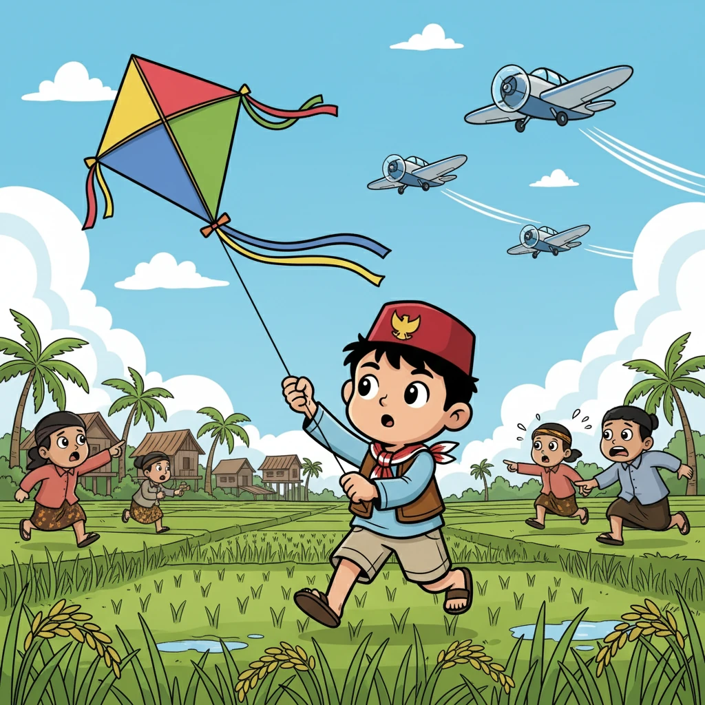 Budi, seorang anak lelaki ceria, bermain layang-layang di sawah yang hijau. Tiba-tiba, pesawat-pesawat terbang rendah, memecah keheningan desa. Ketakutan menyebar di antara penduduk desa.