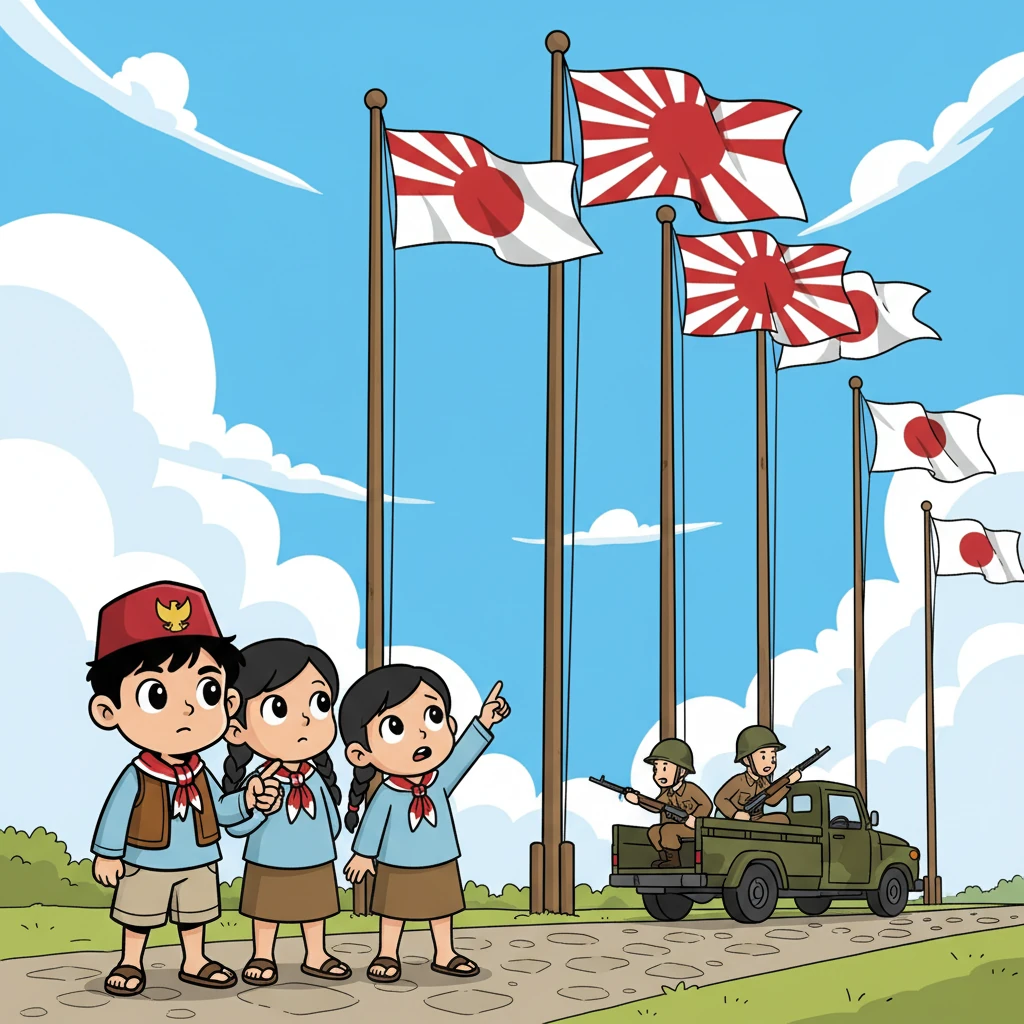 Jepang tiba di Indonesia pada 8 Maret 1942. Bendera matahari terbit berkibar di tiang-tiang tinggi. Budi dan teman-temannya menyaksikan kedatangan pasukan Jepang dengan rasa ingin tahu dan kebingungan.