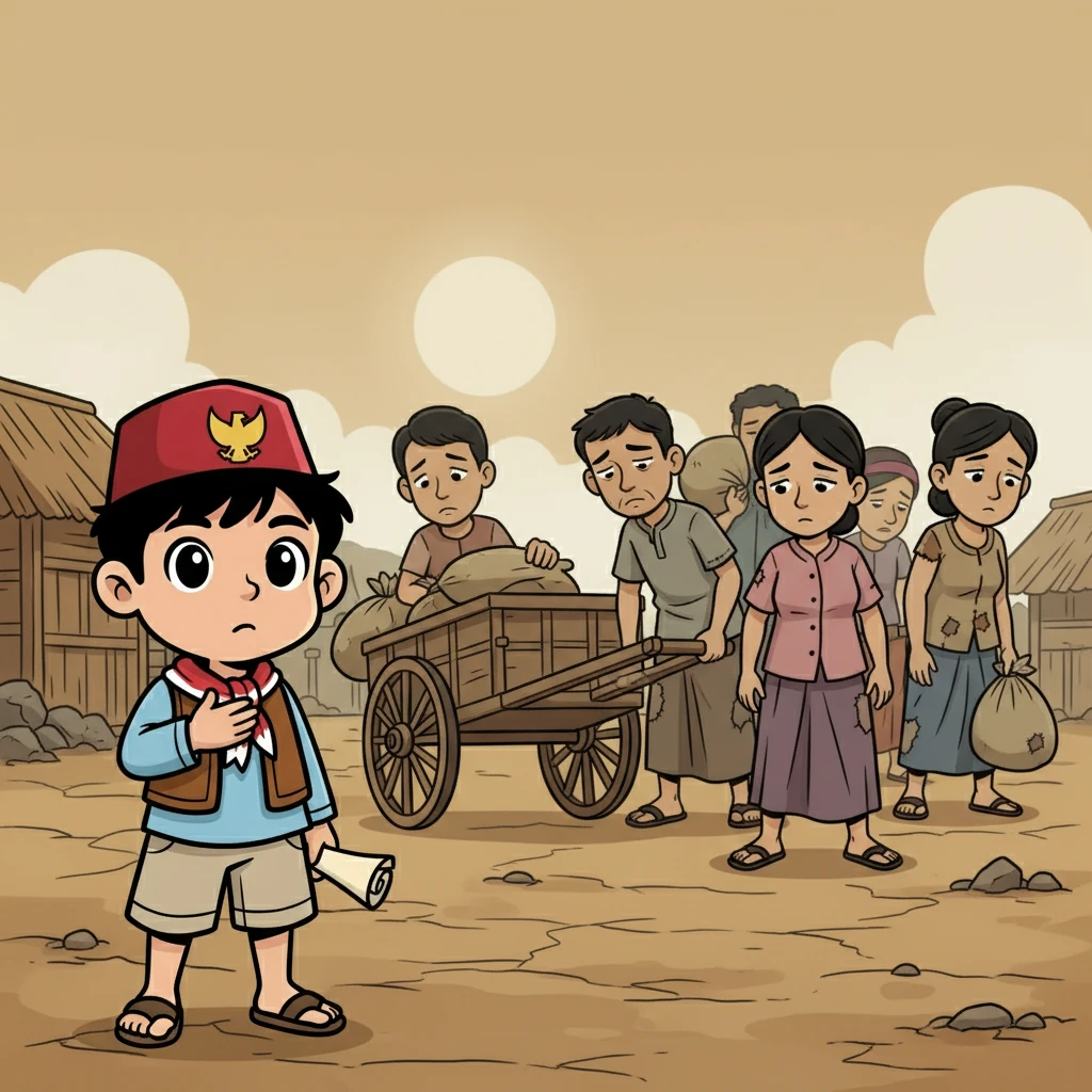 Budi melihat banyak orang dipaksa menjadi Romusha. Wajah-wajah lelah dan mata yang penuh kesedihan. Budi merasa iba dan ingin membantu.