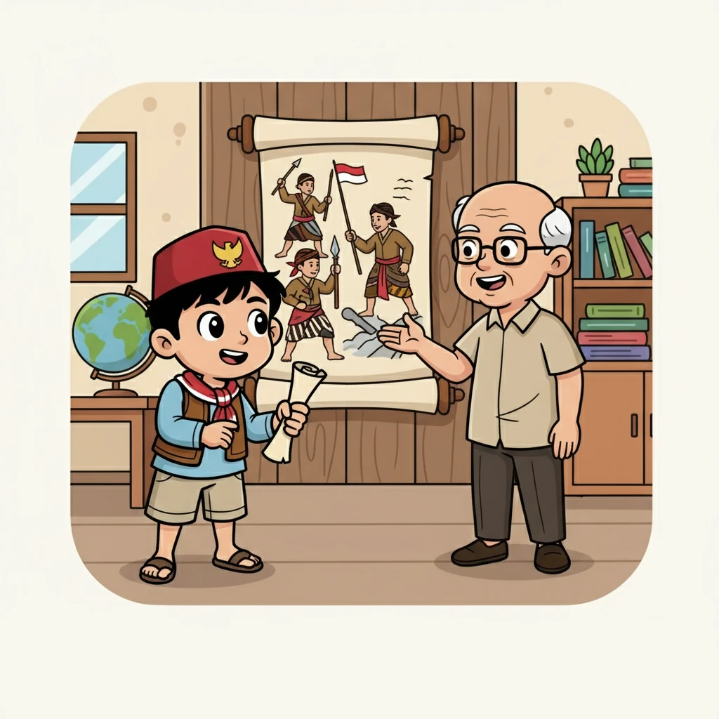 Budi bertemu dengan Pak Karto, seorang guru yang diam-diam mengajar tentang sejarah Indonesia. Pak Karto menjelaskan tentang perjuangan para pahlawan.