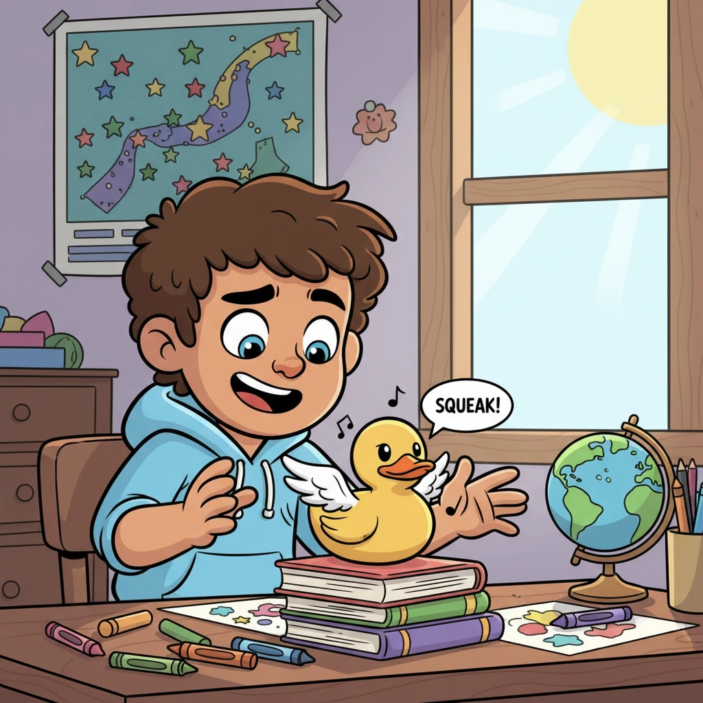 He focused intently on a small, ordinary rubber duck on his desk. With a deep breath and a mischievous grin, Art concentrated, and the duck suddenly sprouted tiny, fluffy wings, wiggling them with a cheerful squeak. His eyes widened in disbelief and pure delight.