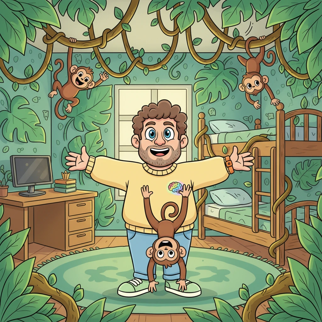 Feeling bolder, Art decided his room needed a touch of magic. He closed his eyes, picturing a lush, vibrant jungle. When he opened them, his walls were covered in giant, glowing leaves, and playful monkeys swung from vines that weren't there moments before.