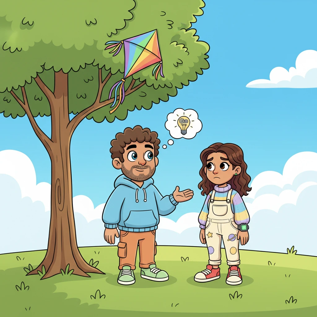 One sunny afternoon, Art noticed his friend Lily looking glum, her favorite kite tangled hopelessly in a tall tree. Art knew his brain-power could help, but he wondered how to use it for someone else's joy. A brilliant idea sparked in his inventive mind.