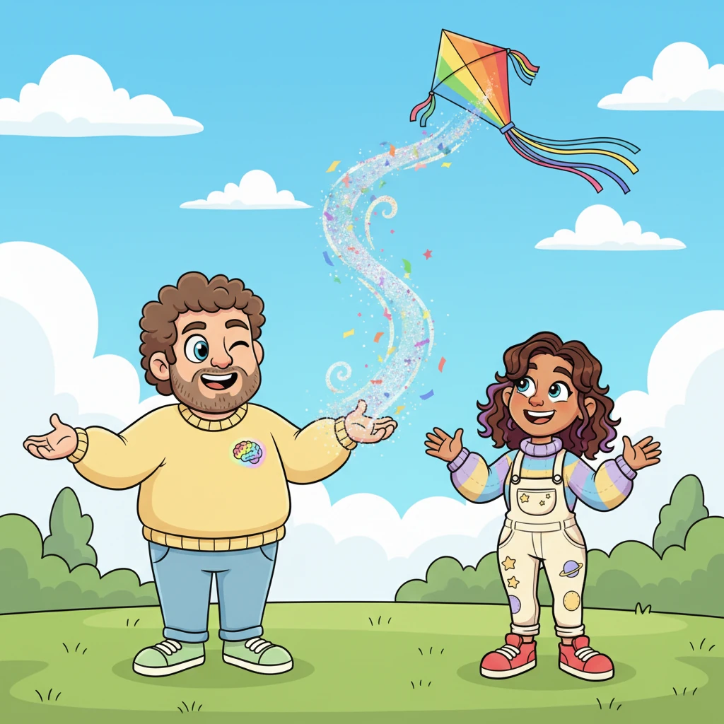 With a wink at Lily, Art imagined a gentle, swirling gust of wind, not just any wind, but one made of sparkling confetti. The magical breeze untangled the kite with a flourish, sending it soaring high above, trailed by a rainbow of shimmering streamers. Lily's frown instantly turned into a wide, happy smile.