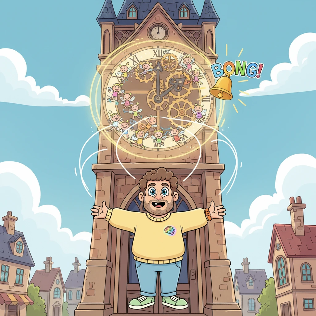 The town's old, dusty clock tower had stopped chiming, making everyone feel a little sad. Art decided to help. He imagined gears turning, not with metal, but with tiny, joyful sprites dancing in a synchronized whirl, and with a cheerful bong, the clock chimed again, brighter than ever.