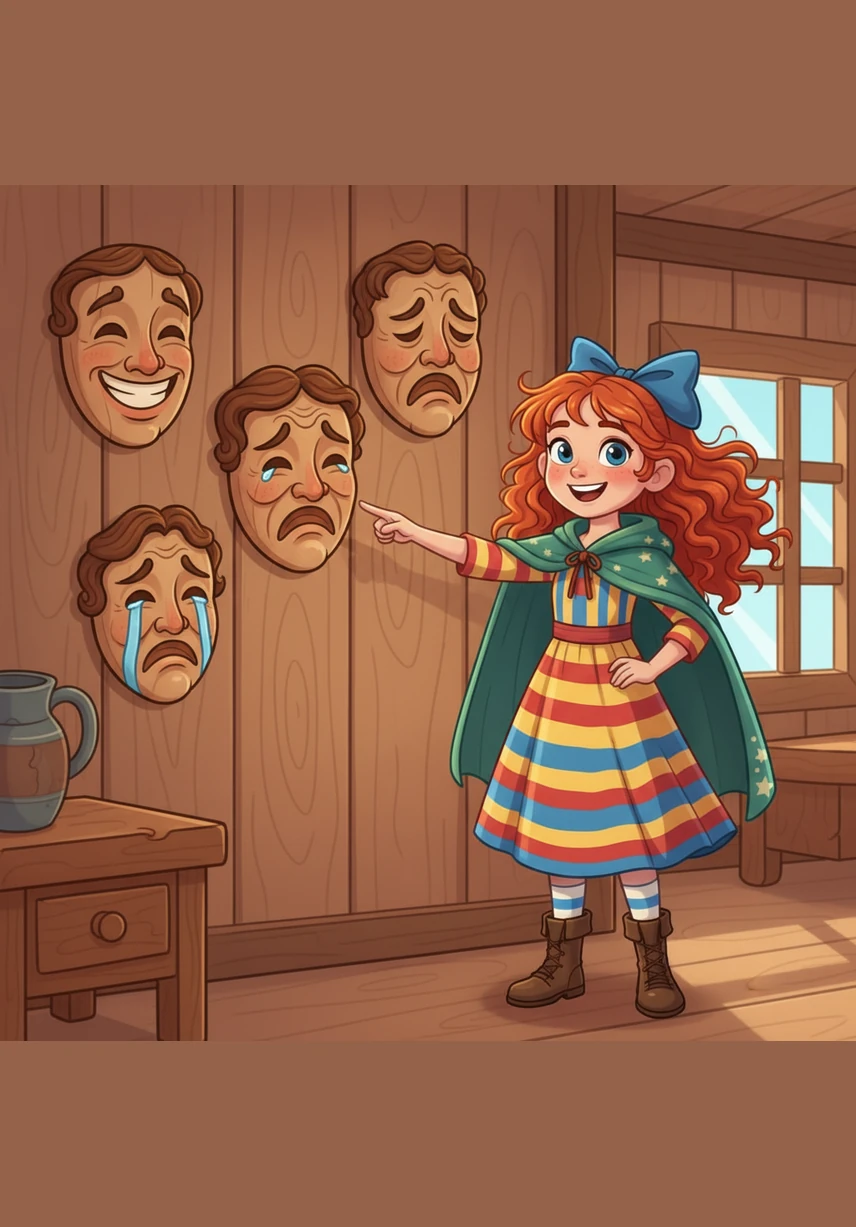 Sarah shows how she feels today by pointing to different expressive masks on a wall. She stands tall and says, I am a girl, then puts on a big smile and says, I am happy!