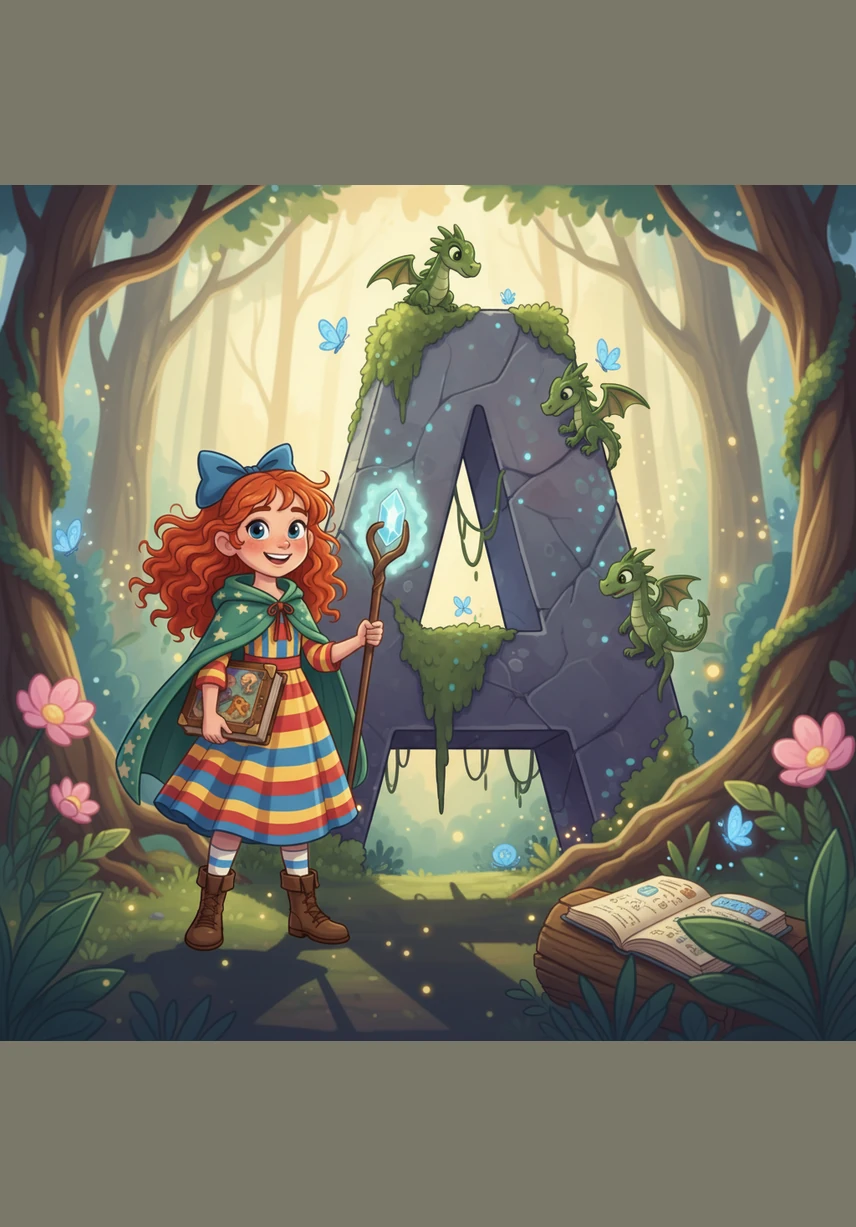 A giant letter a stands in the middle of a busy scene filled with things that start with that sound. An angry alligator watches an ant carry a red apple near an ambulance, an axe, and a golden arrow.