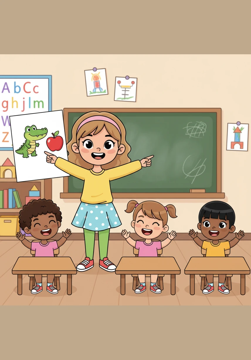 Sarah leads a fun song about ants and apples to the rhythm of a familiar nursery rhyme. She points to the alligator and the apple as she leads the class through the bouncy a-a-a sounds.