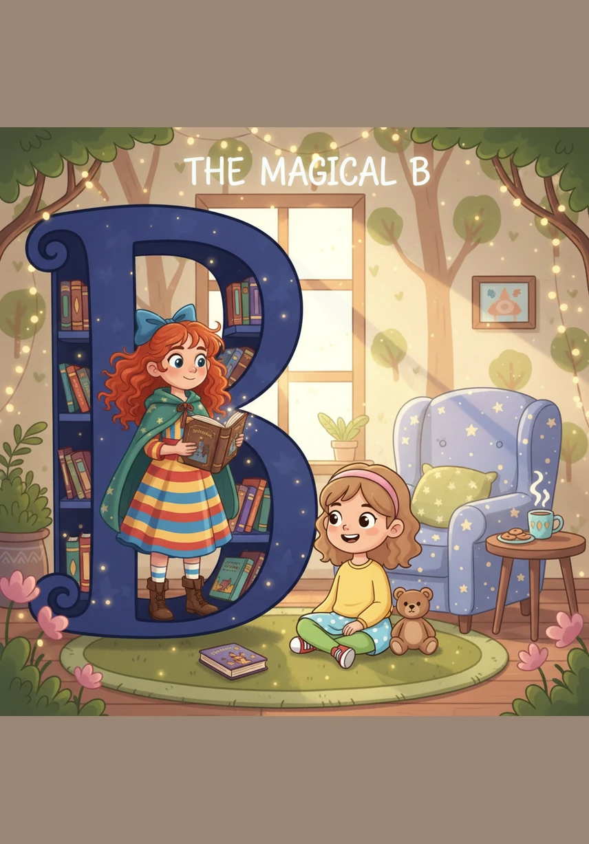 A large, curvy letter b appears next to a cozy scene of a brown bear resting in a soft bed. The bear is happily peeling a yellow banana while sitting under a big, bright blue blanket.