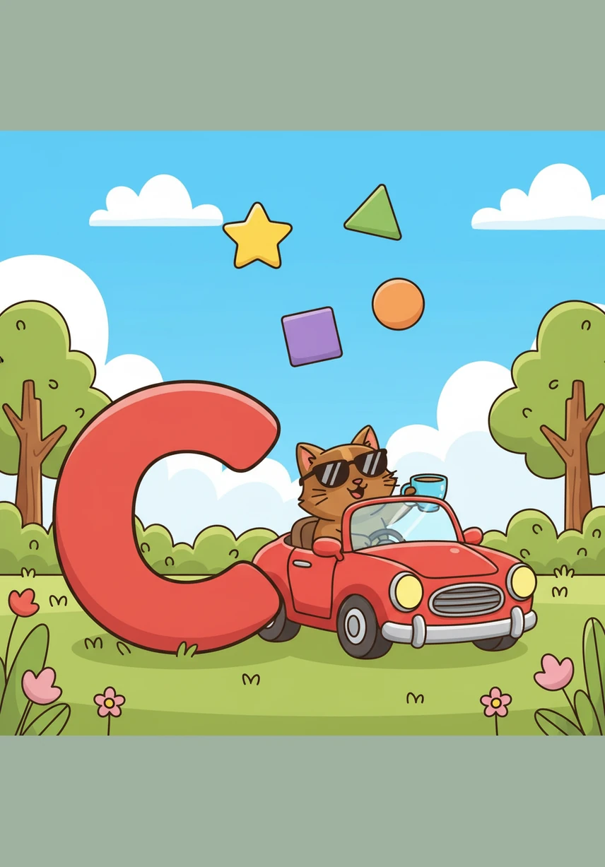 A big, round letter c sits next to a cool cat driving a small red car through a park. The cat is carefully holding a blue cup while colorful shapes float in the bright sky behind them.