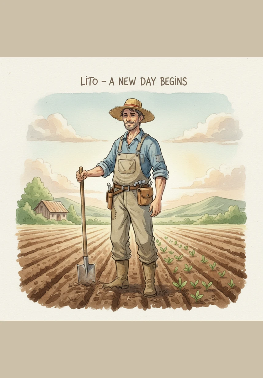 Si Lito ay isang masipag na magsasaka sa gitna ng malawak at luntiang bukirin. Tuwing umaga, binabati niya ang sumisikat na araw habang inihahanda ang kanyang mga kagamitan sa pagsasaka.