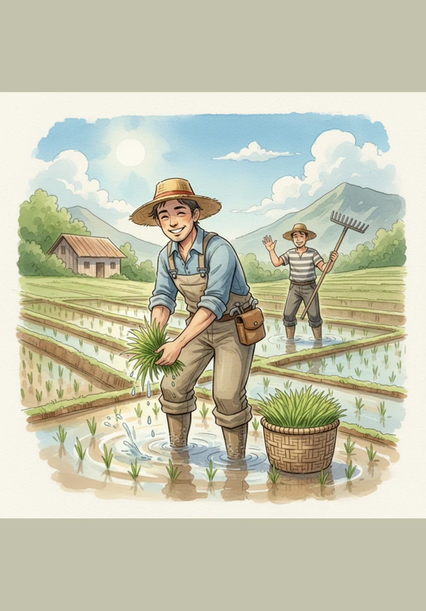 Masayang nagtatanim si Lito ng mga binhi ng palay sa ilalim ng mainit na sikat ng araw. Ang kanyang mga paa ay nakabaon sa putikan habang umaawit siya ng isang masayang himig sa gitna ng bukid.