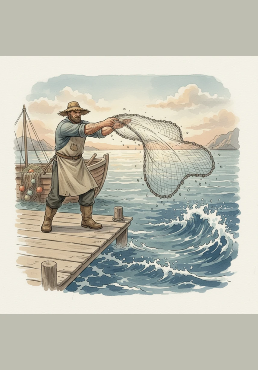 Samantala, inihahagis naman ni Carding ang kanyang malaking lambat sa asul na dagat. Pinapanood niya ang pagsayaw ng mga alon habang matiyagang hinihintay ang pagdami ng kanyang huli.