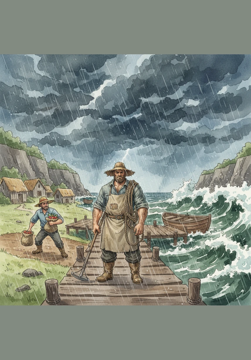 Isang araw, dumating ang malakas na ulan at hangin sa kanilang payapang nayon. Ang mga puno ay sumasayaw sa lakas ng ihip ng hangin at ang dagat ay naging maalon at madilim.