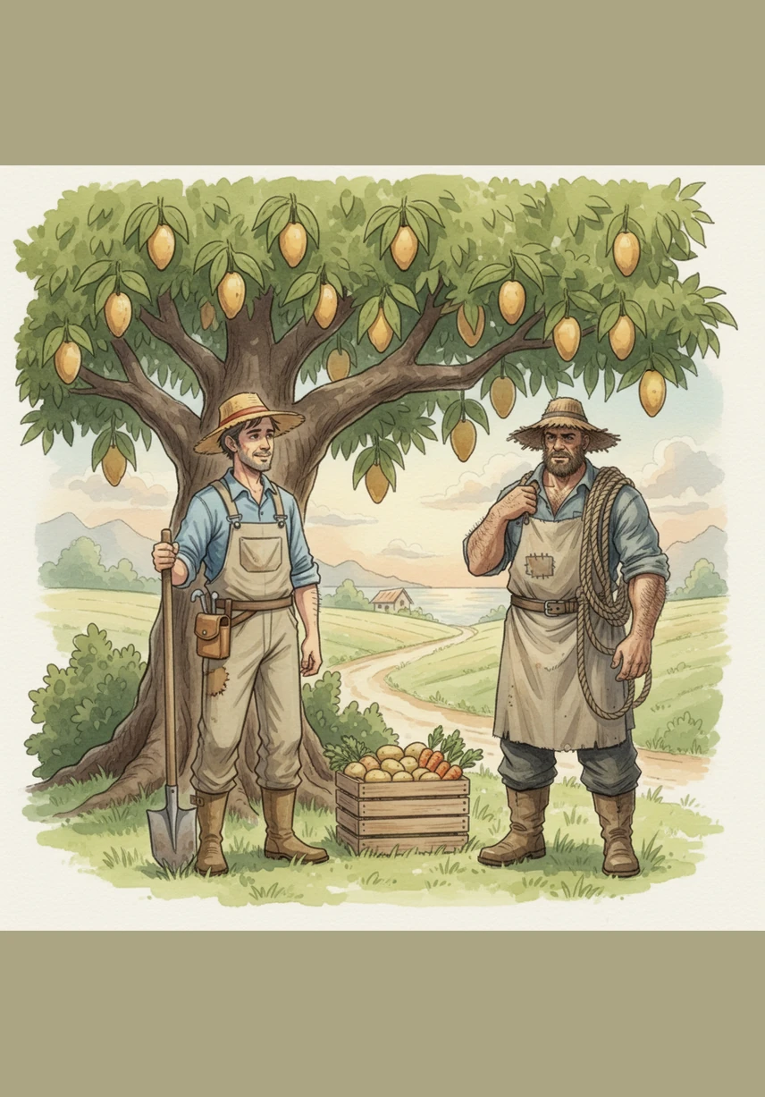 Nagkita ang dalawang magkaibigan sa ilalim ng isang malaking puno ng mangga sa pagitan ng bukid at dagat. Dala ni Lito ang isang sako ng mapuputing bigas, habang si Carding ay may dalang basket ng sariwang isda.