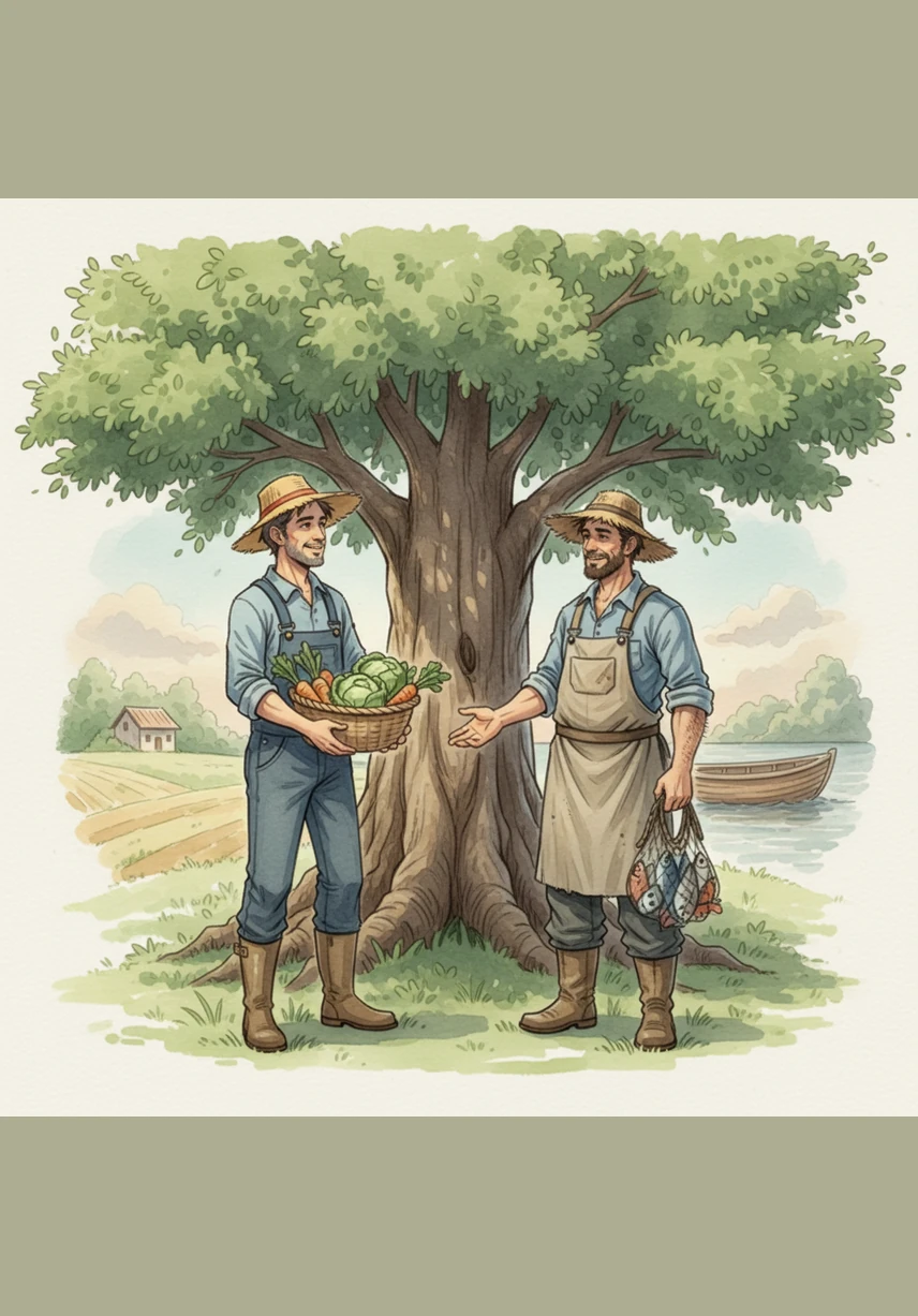 Masayang nagpalitan ang dalawa ng kanilang mga ani at huli sa ilalim ng puno. Nagpasalamat sila sa isa't isa dahil sa tulong na naibigay nila sa oras ng pangangailangan at gutom.