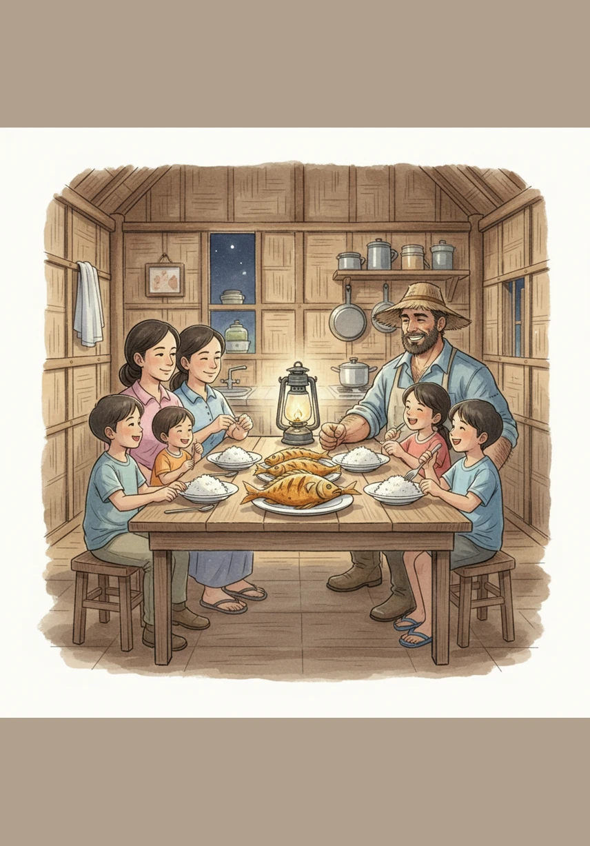 Noong gabing iyon, sabay na kumain ang pamilya nina Lito at Carding ng masarap na kanin at pritong isda. Ito ay isang magandang paalala na ang pagtutulungan at pagbabahagi ay nagdadala ng tunay na kaligayahan sa lahat.