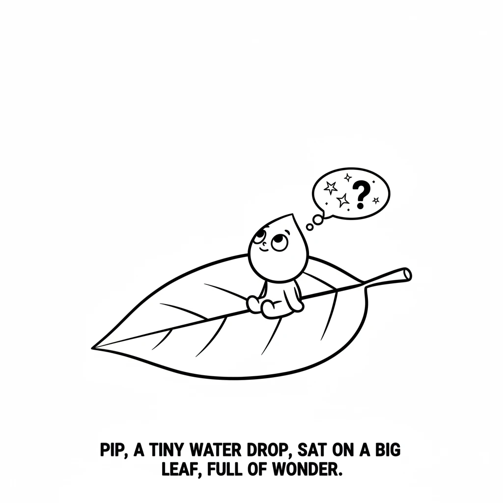 Pip, a tiny water drop, sat on a big green leaf, full of wonder. Pip loved to look up at the vast, open sky, always curious about the world above.